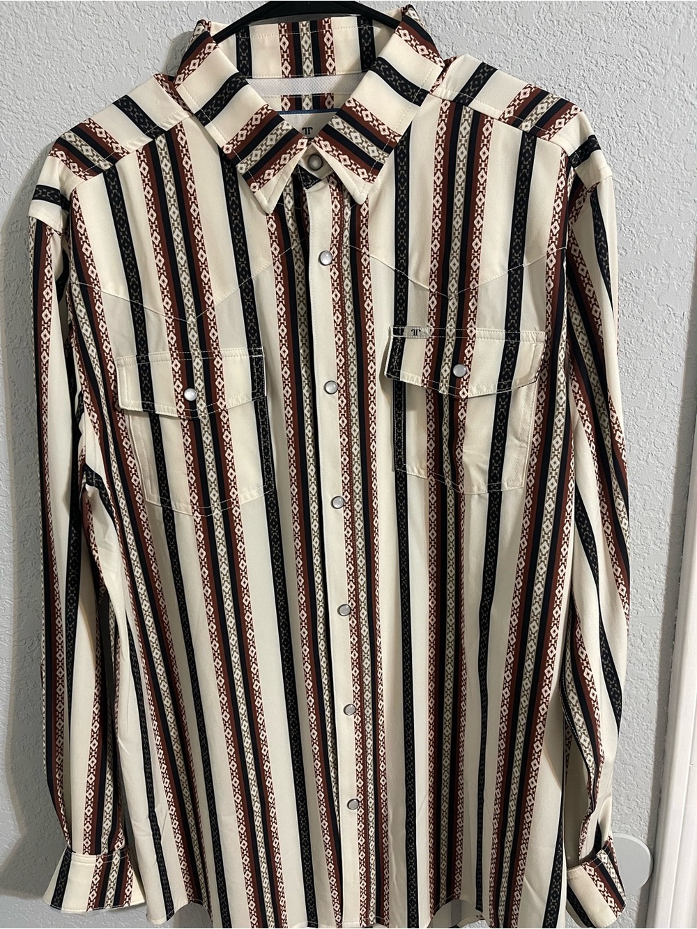 Men's Cream Button-Down Shirt with Brown & Black Stripes